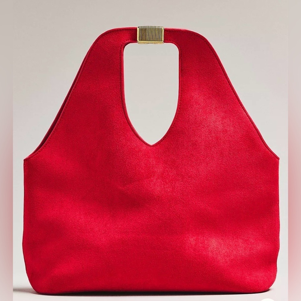 Anthropologie Red Faux Suede Gilded Handle Tote Bag - Picture 3 of 3